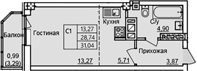 Планировка — Созвездие, Студия, 28 м²