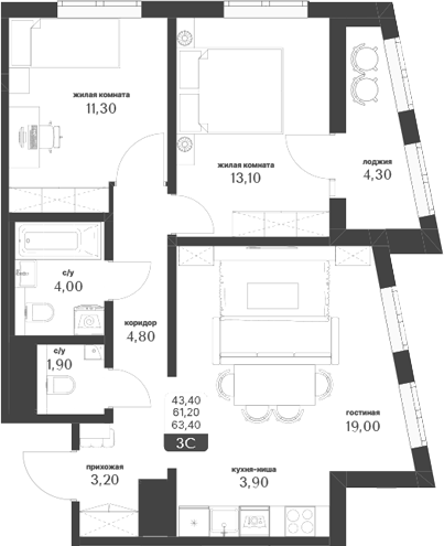 Планировка — Тимирязевский парк, 3-комн., 61 м²