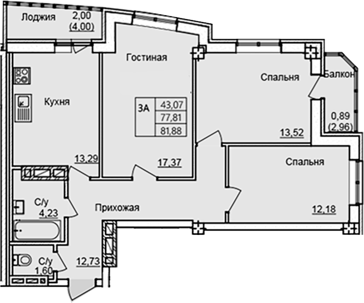 Планировка — Созвездие, 3-комн., 75 м²