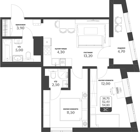 Планировка — Тимирязевский парк, 3-комн., 52 м²