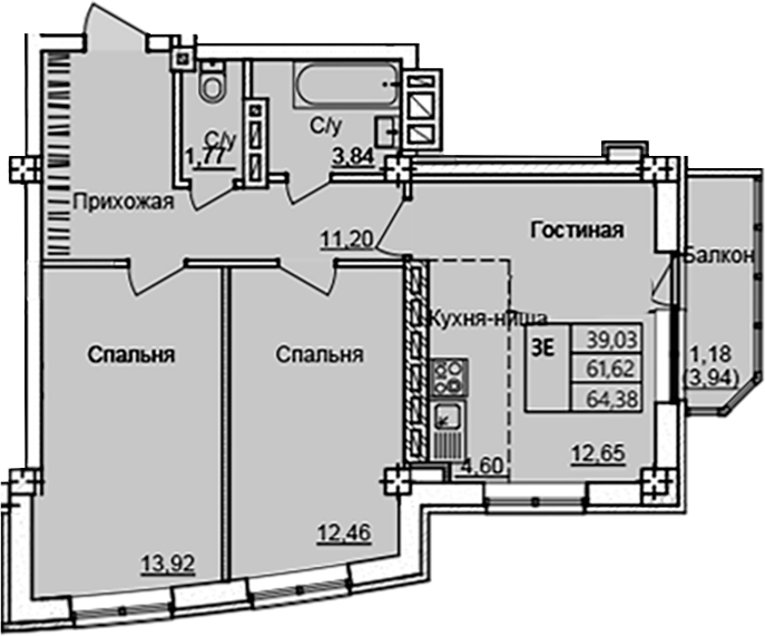 Планировка — Созвездие, 3-комн., 60 м²