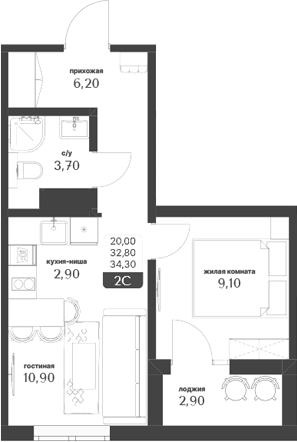 Планировка — Тимирязевский парк, 2-комн., 33 м²