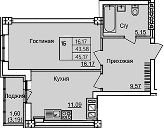 Планировка — Созвездие, 1-комн., 42 м²