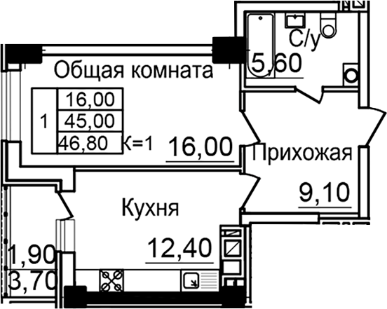 Планировка — Созвездие, 1-комн., 43 м²