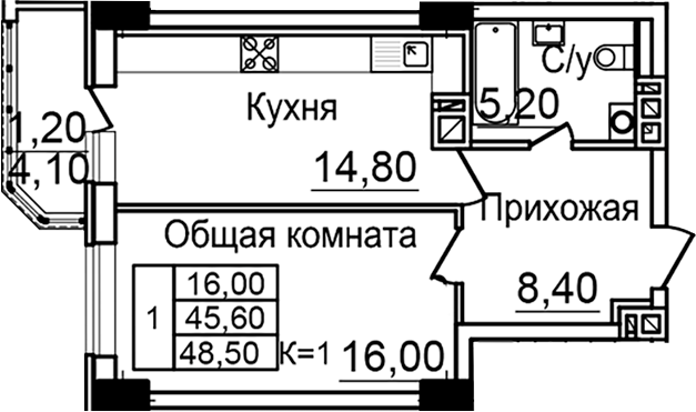 Планировка — Созвездие, 1-комн., 44 м²