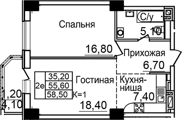Планировка — Созвездие, 1-комн., 54 м²