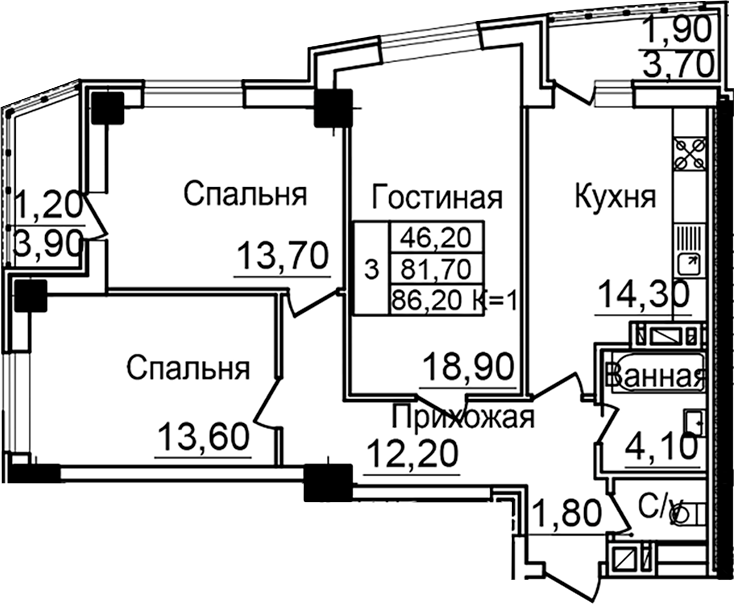 Планировка — Созвездие, 3-комн., 79 м²