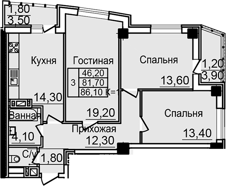 Планировка — Созвездие, 3-комн., 79 м²