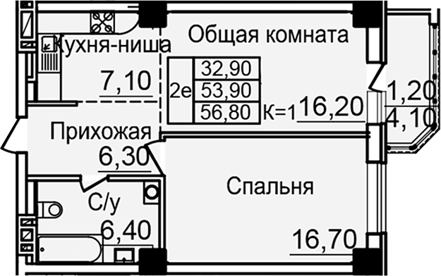 Планировка — Созвездие, 1-комн., 53 м²