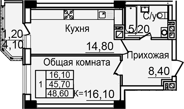 Планировка — Созвездие, 1-комн., 43 м²