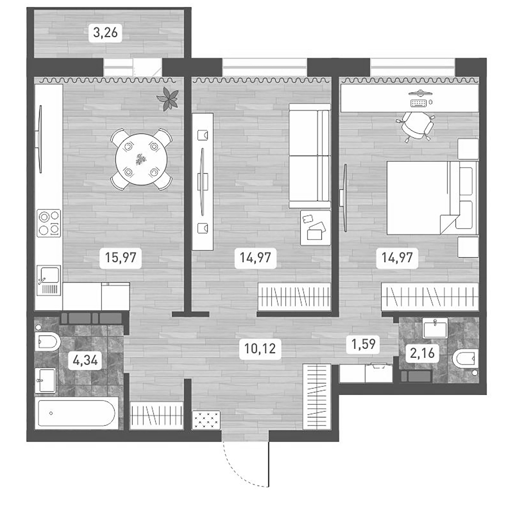 Планировка — Радуга Сибири, 2-комн., 64 м²