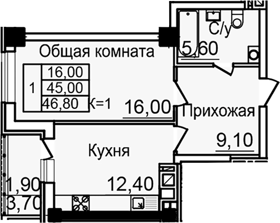 Планировка — Созвездие, 1-комн., 43 м²