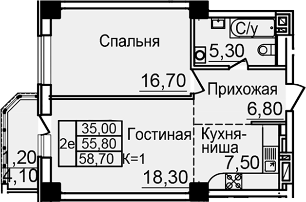 Планировка — Созвездие, 1-комн., 55 м²
