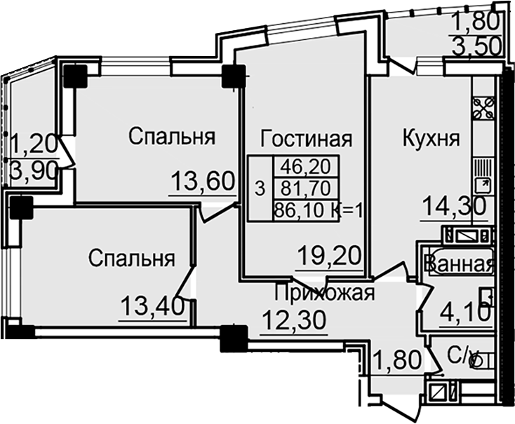 Планировка — Созвездие, 3-комн., 79 м²