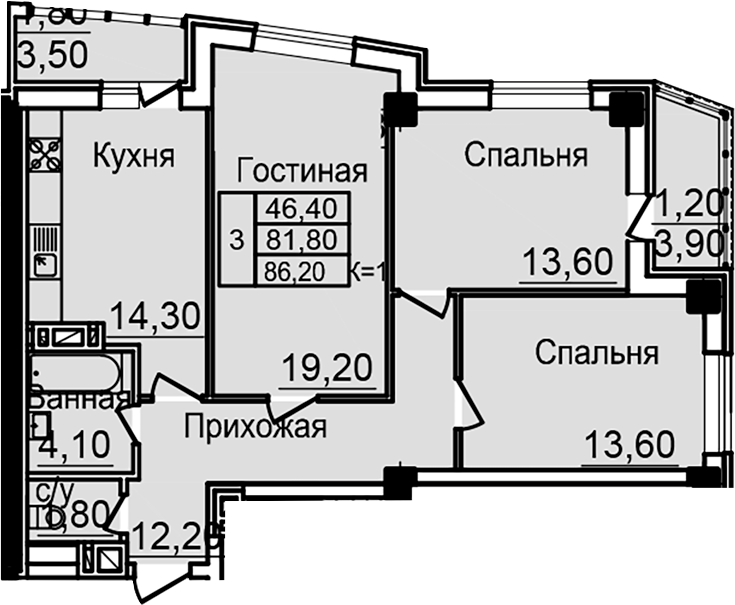 Планировка — Созвездие, 3-комн., 79 м²