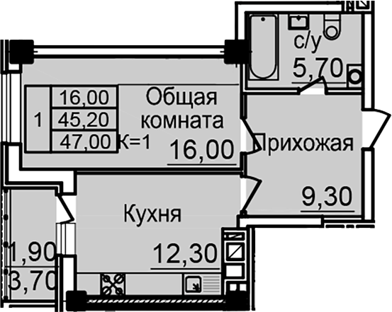 Планировка — Созвездие, 1-комн., 43 м²