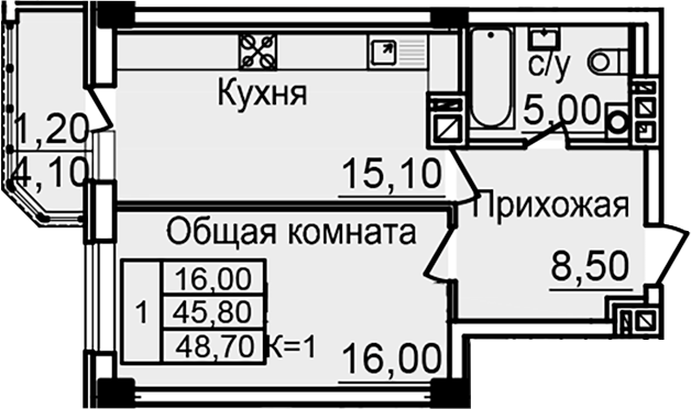 Планировка — Созвездие, 1-комн., 45 м²
