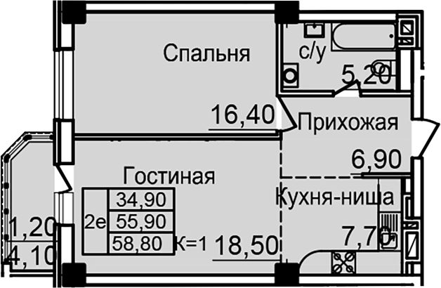 Планировка — Созвездие, 1-комн., 55 м²