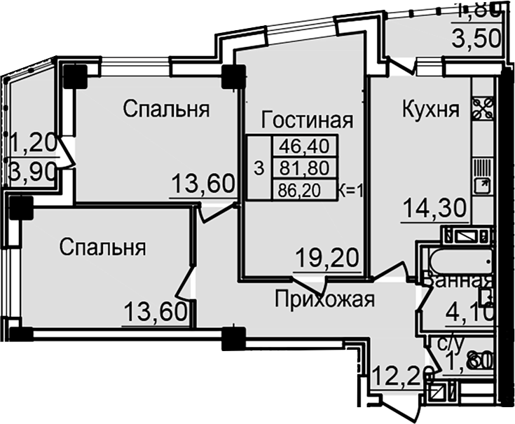 Планировка — Созвездие, 3-комн., 79 м²