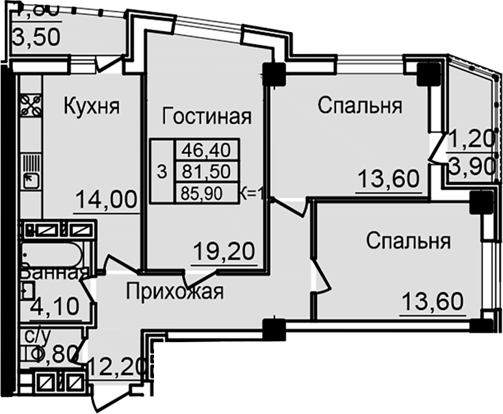 Планировка — Созвездие, 3-комн., 79 м²