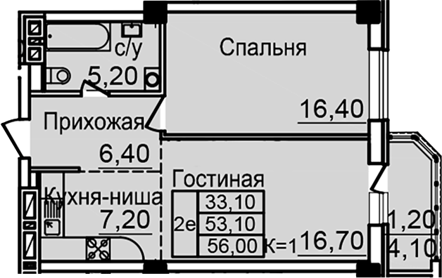 Планировка — Созвездие, 1-комн., 52 м²