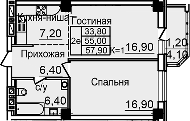 Планировка — Созвездие, 1-комн., 54 м²