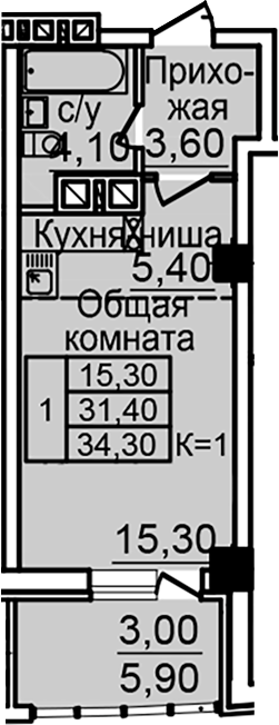Планировка — Созвездие, Студия, 28 м²