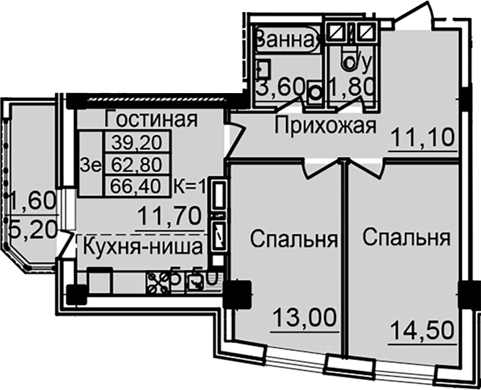 Планировка — Созвездие, 3-комн., 61 м²