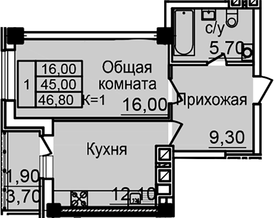 Планировка — Созвездие, 1-комн., 43 м²