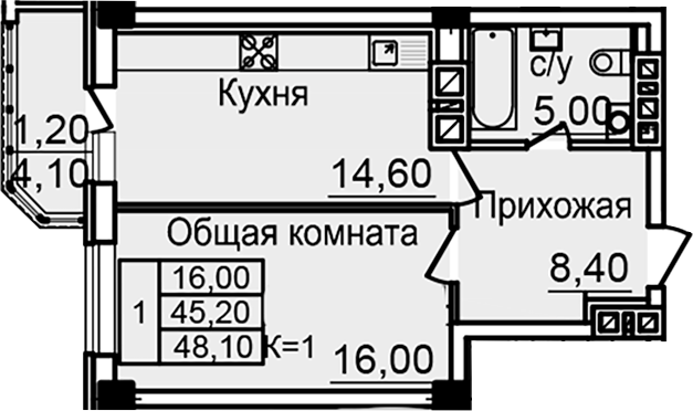 Планировка — Созвездие, 1-комн., 44 м²