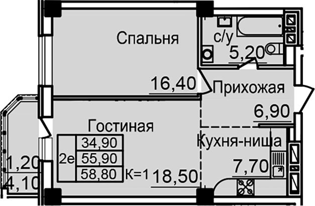 Планировка — Созвездие, 1-комн., 55 м²