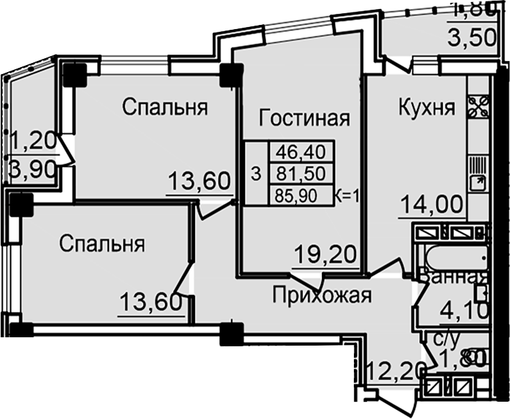 Планировка — Созвездие, 3-комн., 79 м²