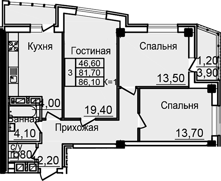 Планировка — Созвездие, 3-комн., 79 м²