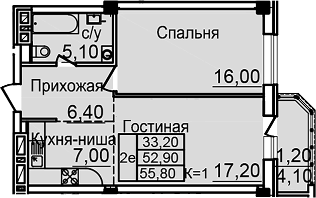Планировка — Созвездие, 2-комн., 52 м²