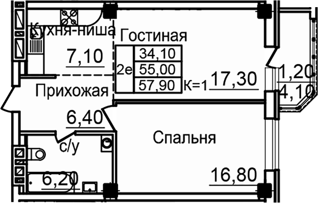 Планировка — Созвездие, 1-комн., 54 м²