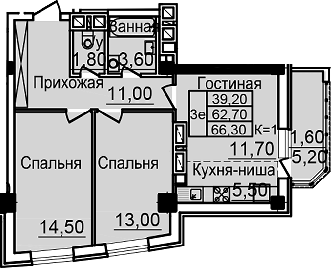 Планировка — Созвездие, 3-комн., 61 м²