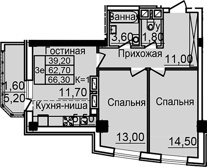 Планировка — Созвездие, 3-комн., 61 м²