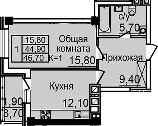 Планировка — Созвездие, 1-комн., 43 м²