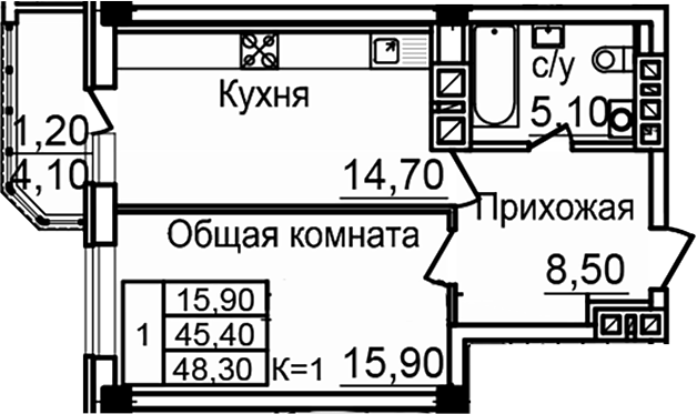 Планировка — Созвездие, 1-комн., 44 м²