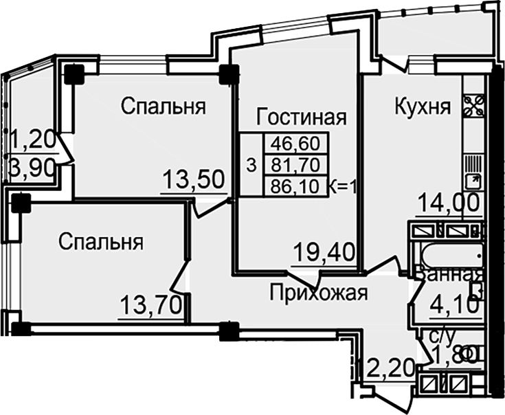 Планировка — Созвездие, 3-комн., 79 м²