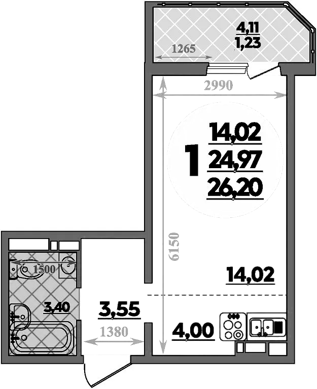 Планировка — Суворовский, Студия, 25 м²