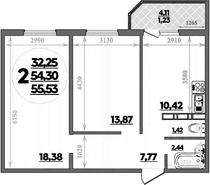 Планировка — Суворовский, 2-комн., 54 м²