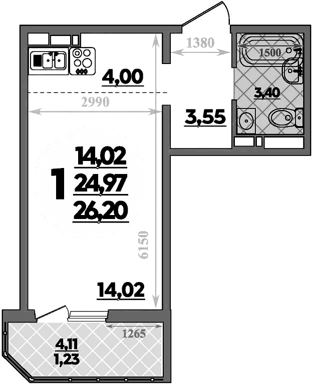 Планировка — Суворовский, Студия, 25 м²