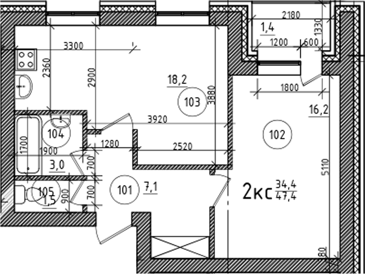 Планировка — На Макарова, 2-комн., 46 м²