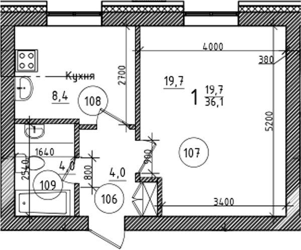 Планировка — На Макарова, 1-комн., 36 м²