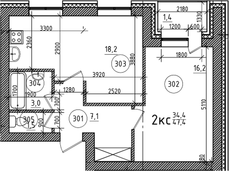 Планировка — На Макарова, 2-комн., 46 м²