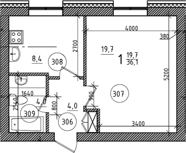 Планировка — На Макарова, 1-комн., 36 м²