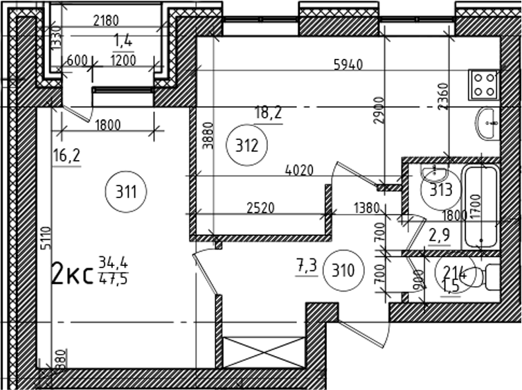 Планировка — На Макарова, 2-комн., 46 м²