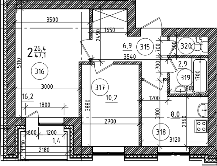 Планировка — На Макарова, 2-комн., 46 м²