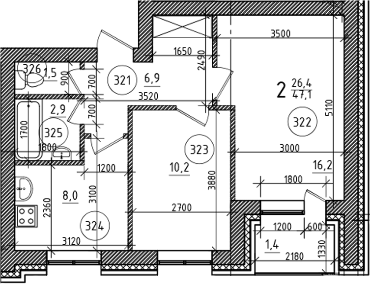 Планировка — На Макарова, 2-комн., 46 м²
